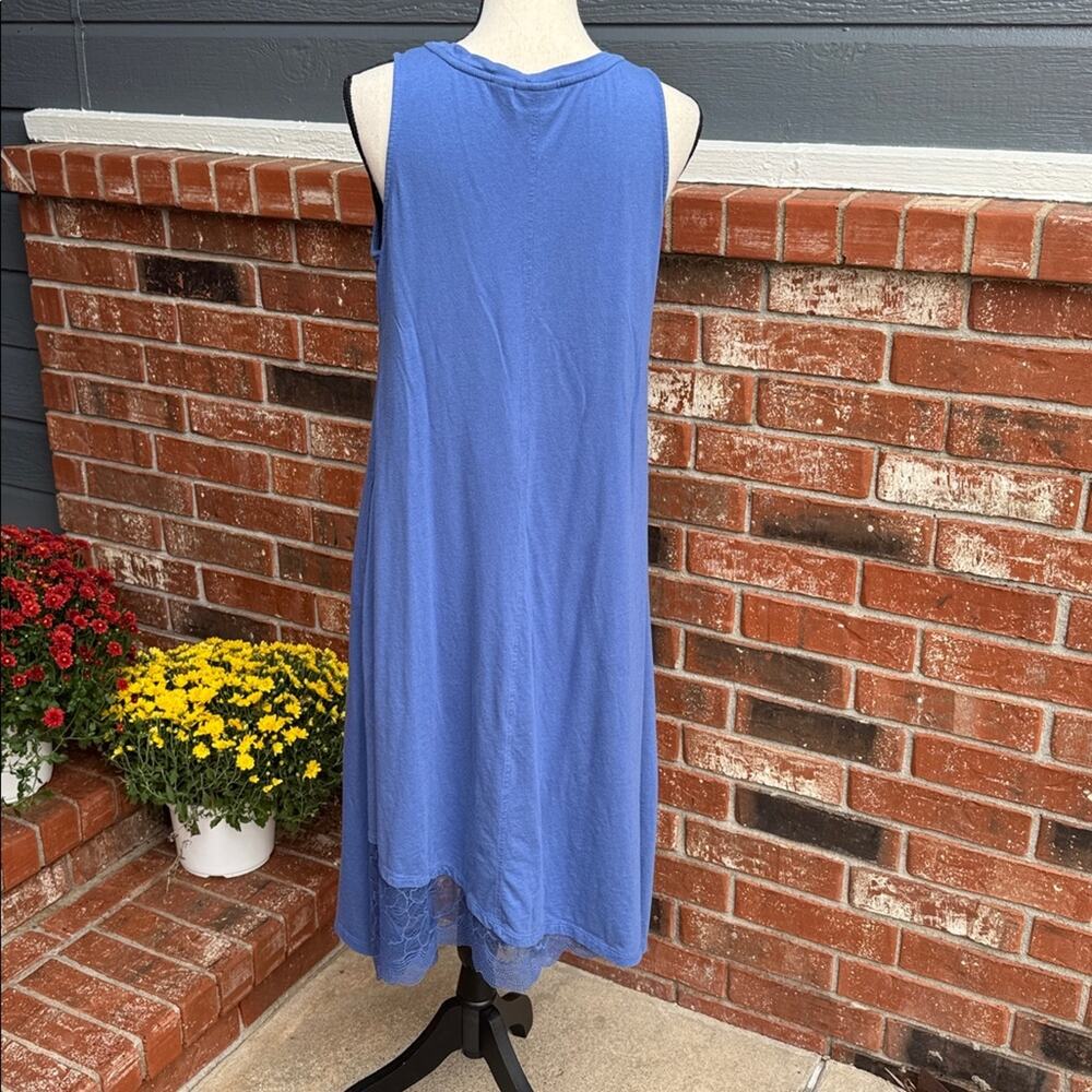 LOGO Lori Goldstein Blue Sleeveless Midi Dress Medium Lace Trim Asymmetrical Hem - Picture 6 of 8
